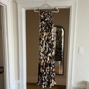 Anthropologie Spaghetti-Strap Maxi Dress in Black, Cream & Brown Print